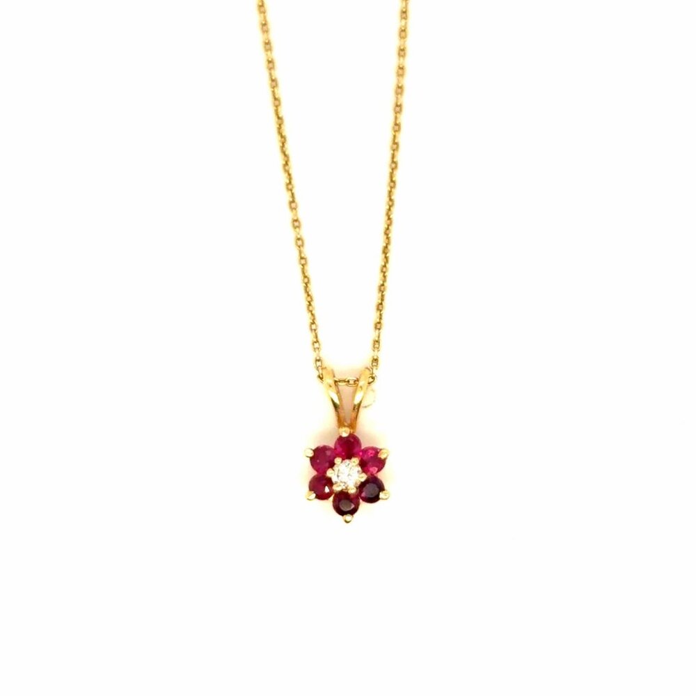 Stunning 14K Gold Rubies/Diamonds‎ Flower Pendant Necklace